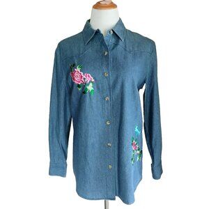 Coldwater Creek Embroidered Denim Tunic Top M Med Blue Wash Button Front